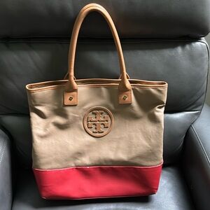 Tory Burch tote in tan and red.